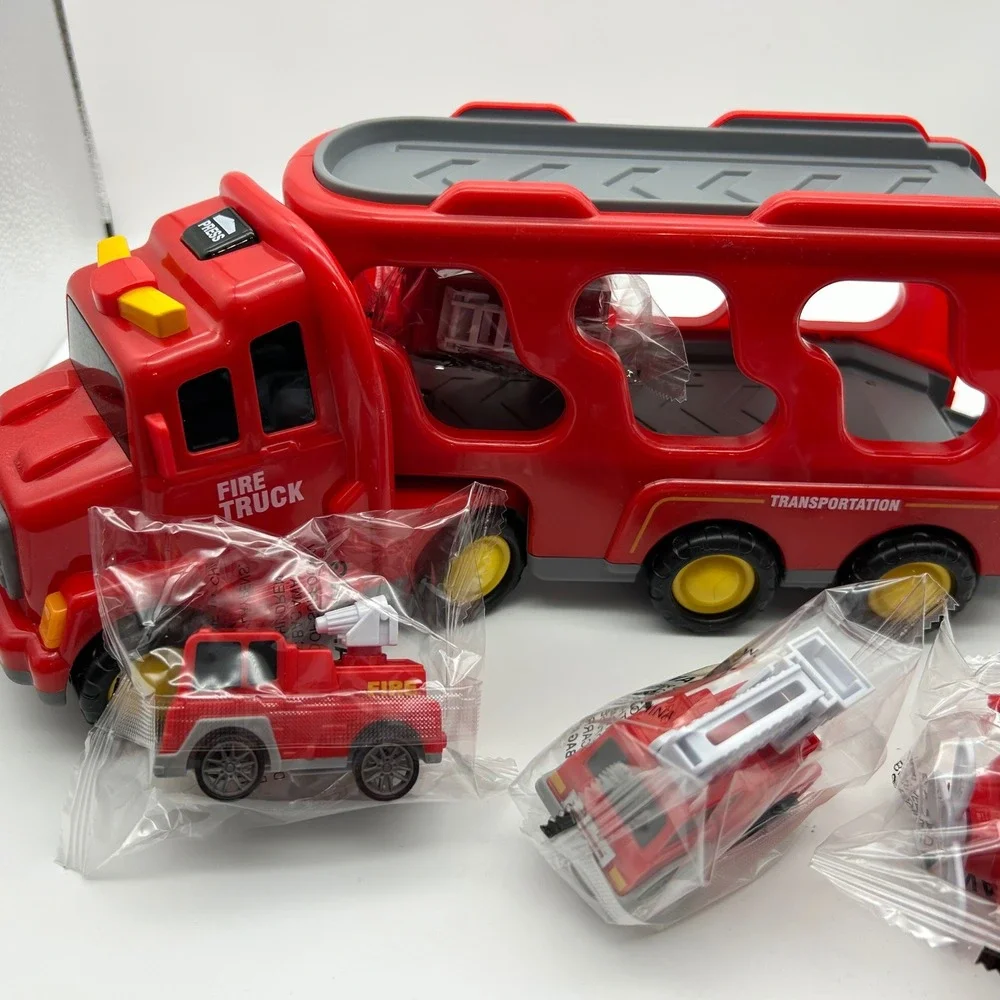 iHaHa Fire Truck Pull Back Car Series Toy Transporter Truck with 4 Mini Fire Veh